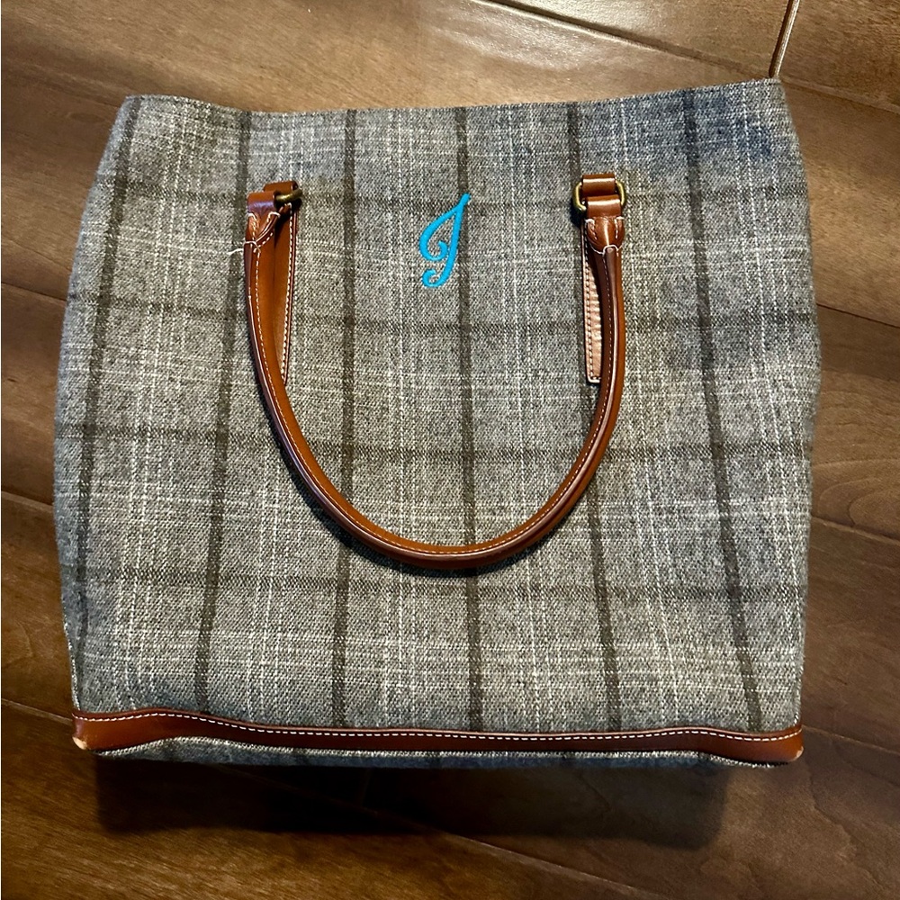 Mark & Graham Gray Checkered Tote with Brown Leather with embroidered initial J